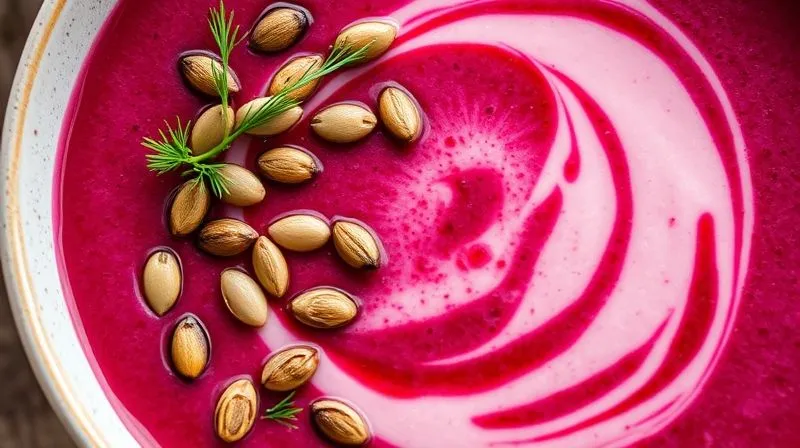 Photorealistic close-up of a beetroot cream soup bowl, topped with perfectly roasted pumpkin seeds, a drizzle of olive oil, and fresh dill. The texture contrast is evident, highlighting the satiety aspect. Cinematic lighting, sharp focus, 8K.