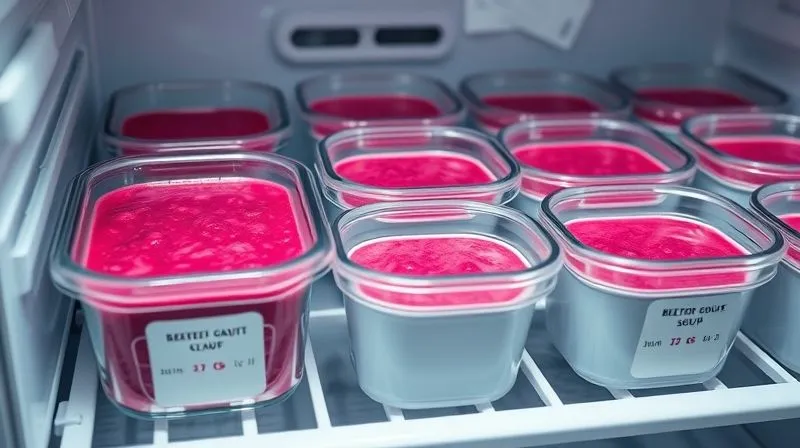 Photorealistic image of several glass food containers filled with vibrant beetroot cream soup, neatly arranged in a modern refrigerator. Labels indicating dates are visible, emphasizing meal prep. Cinematic lighting, sharp focus, 8K.