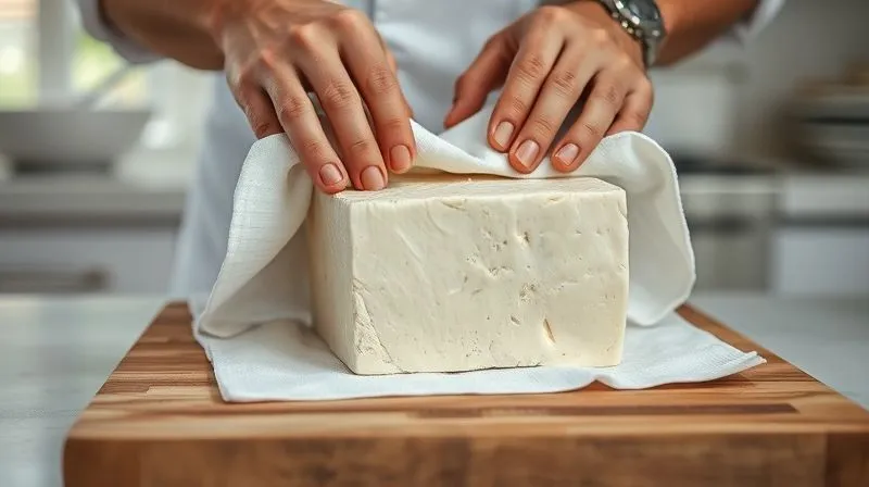 Photorealistic, professional photography of a chef's hands pressing a block of extra-firm tofu wrapped in a clean kitchen towel under a heavy cutting board, with visible water being squeezed out. The background is a clean, modern kitchen counter with soft, natural lighting. Sharp focus on the tofu and hands, depth of field blurring the background. 8K hyper-detailed, shot on a high-end DSLR, conveying a sense of meticulous preparation.