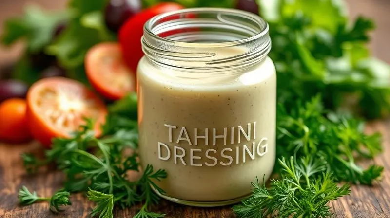 Photorealistic, professional photography of a glass jar filled with a vibrant, creamy tahini-lemon dressing, with fresh herbs like parsley and dill scattered around it. The background shows blurred, fresh salad ingredients. Cinematic lighting, sharp focus on the dressing jar, depth of field. 8K hyper-detailed, shot on a high-end DSLR, conveying freshness and flavor.