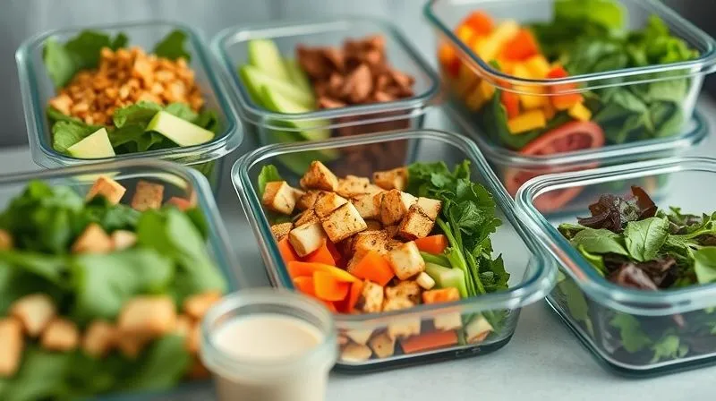 Photorealistic, professional photography of an organized meal prep station with several glass containers filled with separated salad components: crispy baked tofu, colorful chopped vegetables, a small dressing container, and fresh greens. The scene is well-lit, clean, and organized, conveying efficiency and healthy eating. Sharp focus on the meal prep containers, depth of field blurring the background. 8K hyper-detailed, shot on a high-end DSLR, conveying a sense of accomplishment and healthy planning.