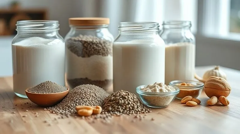 A close-up, photorealistic image of various protein powders (whey, casein, pea protein) in elegant glass jars, alongside chia seeds, flax seeds, and natural peanut butter, arranged on a clean wooden table with soft, natural light. Sharp focus on the ingredients, depth of field blurring the background. 8K hyper-detailed, professional photography, shot on a high-end DSLR.