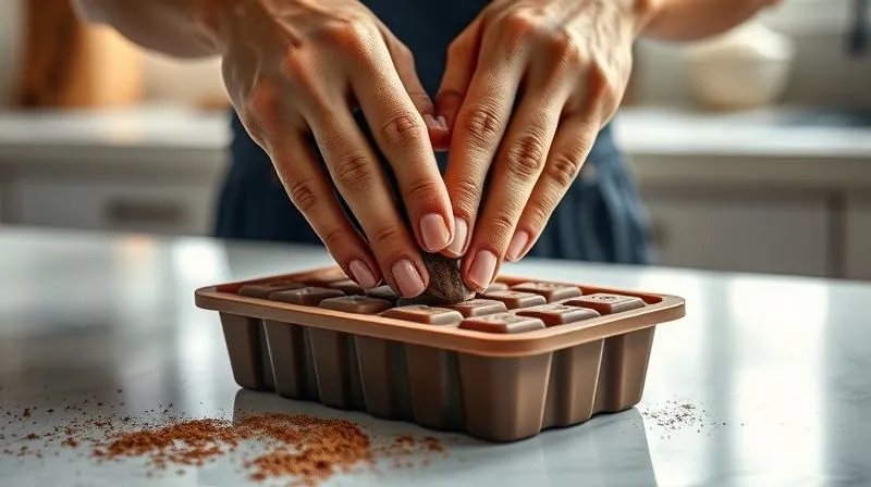 A photorealistic close-up of hands carefully pressing a homemade protein bar mixture into a rectangular silicone mold on a clean, modern kitchen counter. The texture of the mixture is visible, and there's a slight dusting of cocoa powder. Soft, natural light from a window illuminates the scene. Sharp focus on the hands and mold, depth of field blurring the background. 8K hyper-detailed, professional photography, shot on a high-end DSLR.
