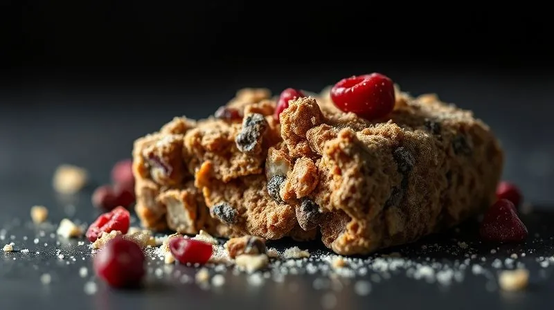 A dramatic, photorealistic image of a crumbled, poorly made protein bar, scattered with overly sweet dried fruit and cheap-looking protein powder, against a dark, contrasting background. Harsh, direct light emphasizes the imperfections. Sharp focus on the crumbled bar, depth of field blurring the background. 8K hyper-detailed, professional photography, shot on a high-end DSLR.