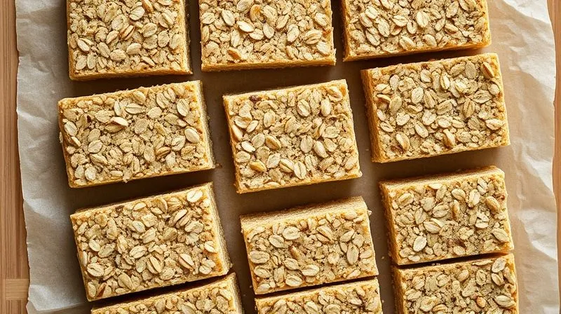 A close-up, top-down shot of perfectly cut, 'Ultra Syc?ce' oat bars arranged neatly on a parchment-lined cutting board. The texture of the oats and visible specks of seeds are sharp. Soft, natural light illuminates the scene, highlighting their homemade appeal. photorealistic, professional photography, 8K, cinematic lighting, sharp focus, depth of field, shot on a high-end DSLR.