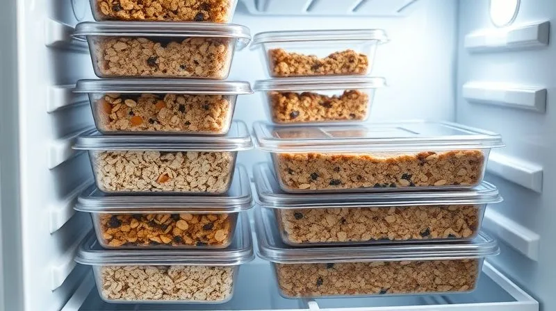A professional, clean shot of perfectly portioned oat bars neatly packed in reusable meal prep containers, stacked in a modern refrigerator. Soft, cool lighting emphasizes freshness and organization. photorealistic, professional photography, 8K, cinematic lighting, sharp focus, depth of field, shot on a high-end DSLR.