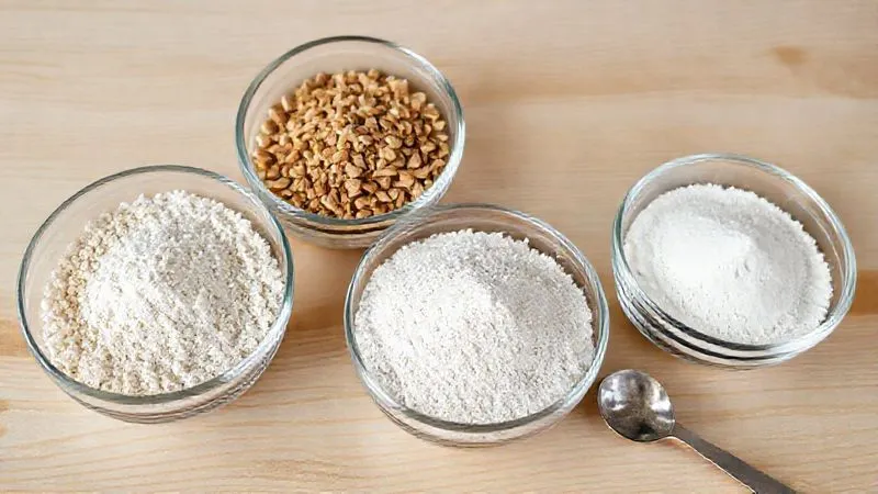 A professional photography shot of various gluten-free flours in separate glass bowls: oat flour, almond flour, coconut flour, and tapioca starch, arranged neatly on a light wooden table, with measuring spoons alongside. Soft, natural lighting, sharp focus on the textures of the flours, depth of field blurring the background. 8K hyper-detailed.