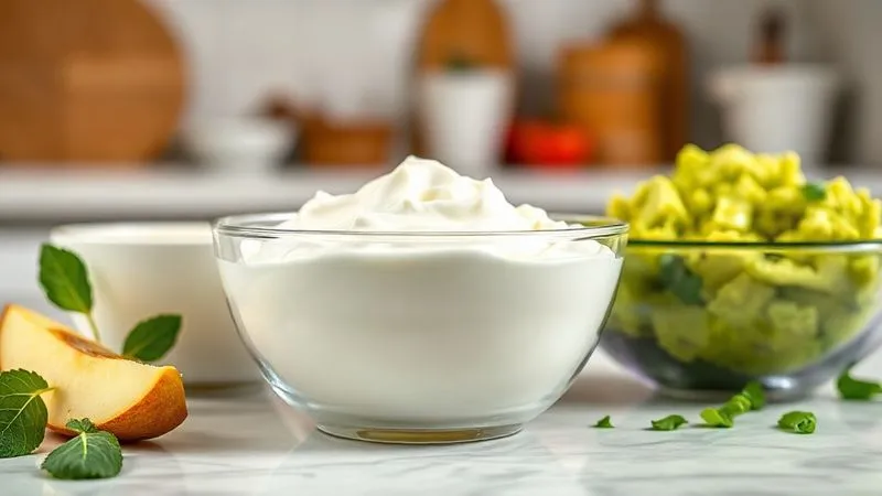 A photorealistic close-up of a bowl of creamy Greek yogurt, a bowl of homemade apple puree, and a bowl of mashed avocado, arranged on a kitchen counter with a light background. Soft, diffused lighting highlights the textures. Sharp focus on the ingredients, depth of field blurring the surrounding kitchen. 8K hyper-detailed, professional food photography.