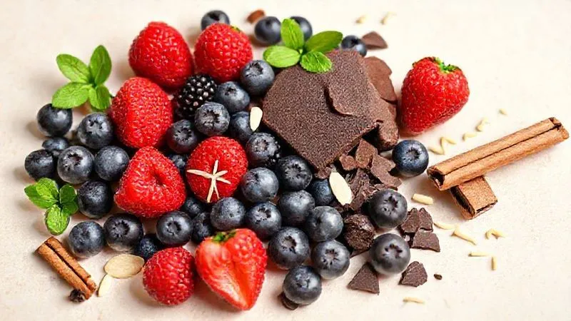 A vibrant, photorealistic flat lay of various muffin ingredients: fresh blueberries, raspberries, chopped dark chocolate (sugar-free), cinnamon sticks, vanilla pods, and lemon zest, artfully arranged on a light background. Soft, natural light, sharp focus on the details, depth of field blurring the edges. 8K hyper-detailed, professional food styling.