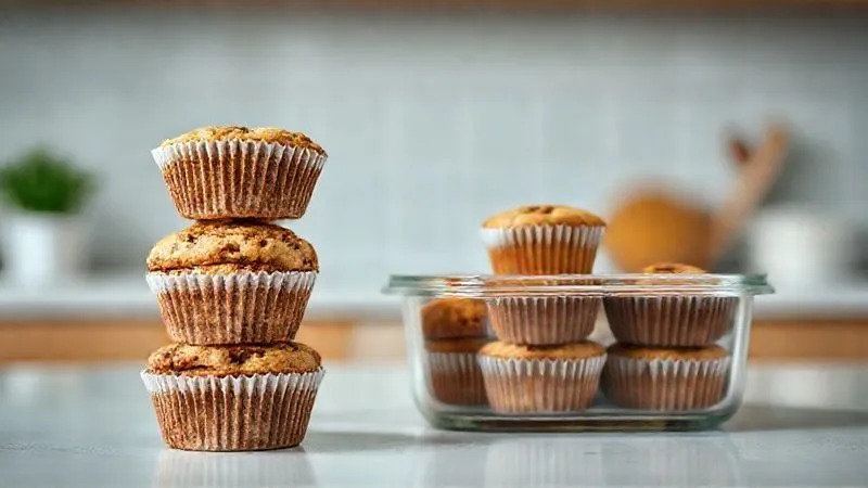 A professional photography shot of a stack of gluten-free, low-calorie muffins neatly arranged in a clear glass meal prep container, ready for storage. The container is on a clean, minimalist kitchen counter. Soft, even lighting, sharp focus on the muffins, depth of field blurring the background. 8K hyper-detailed, showing efficiency and organization.