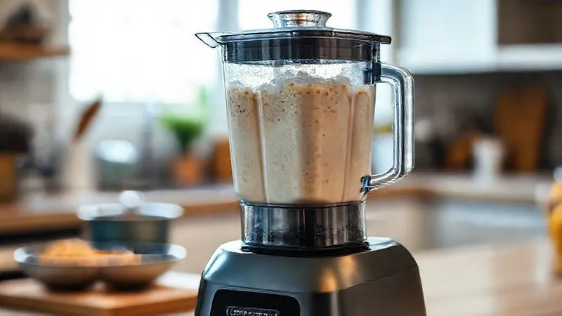 Photorealistic image of a high-speed blender blending creamy millet pudding, smooth texture, dynamic motion blur, bright kitchen setting, 8K, cinematic lighting, sharp focus, depth of field, shot on a high-end DSLR.