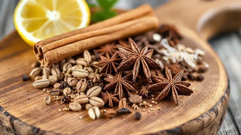 Photorealistic image of various aromatic spices like cinnamon sticks, vanilla pods, star anise, and lemon zest artfully arranged on a rustic wooden board, professional photography, soft natural light, 8K, sharp focus, depth of field, shot on a high-end DSLR.
