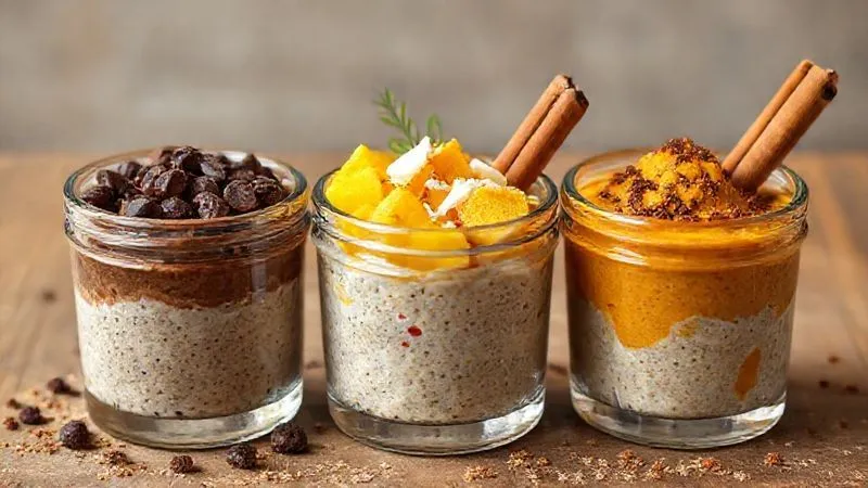 Photorealistic image of three distinct, beautifully presented millet puddings in small glass jars: one chocolate flavored, one tropical mango-coconut, and one spiced pumpkin. Each pudding is topped with appropriate garnishes (e.g., cocoa nibs, mango cubes, cinnamon stick). Professional food photography, warm and inviting light, 8K, sharp focus, depth of field, shot on a high-end DSLR.
