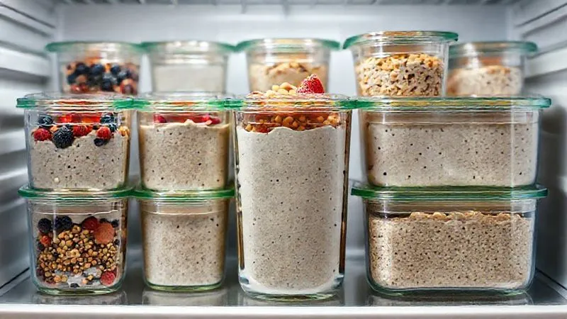 Photorealistic image of neatly arranged glass meal prep containers filled with various types of millet pudding (e.g., one with berries, one with nuts, one plain), organized in a fridge or on a kitchen counter, clean and organized aesthetic, professional photography, cool lighting, 8K, sharp focus, depth of field, shot on a high-end DSLR.