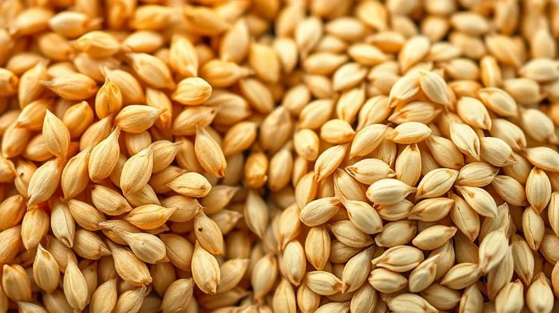 A photorealistic close-up of a single grain of wheat and a single grain of buckwheat, side by side, with a clear distinction between their textures. Cinematic lighting, sharp focus, depth of field, 8K, professional photography, shot on a high-end DSLR.