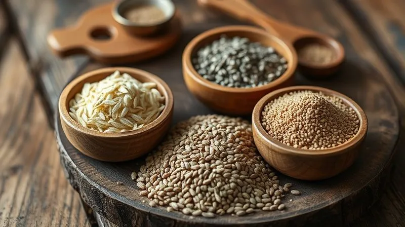 A photorealistic close-up of a small wooden bowl filled with psyllium husk, another with chia seeds, and a third with ground flax seeds, arranged on a rustic wooden table. Cinematic lighting, sharp focus on the textures, depth of field, 8K, professional photography, shot on a high-end DSLR.