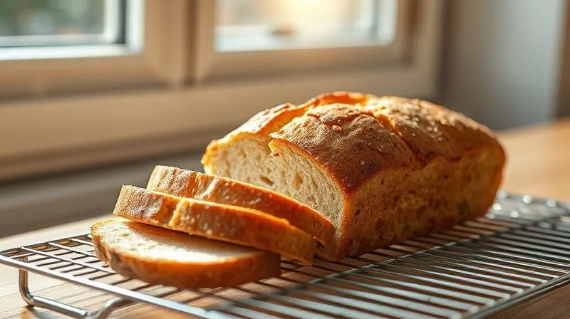 A photorealistic image of a freshly baked, golden-brown gluten-free bread loaf on a cooling rack, with a few slices already cut, revealing a soft, airy crumb. Sunlight streams through a window, creating a warm, inviting atmosphere. Professional photography, 8K, cinematic lighting, sharp focus, depth of field, shot on a high-end DSLR.