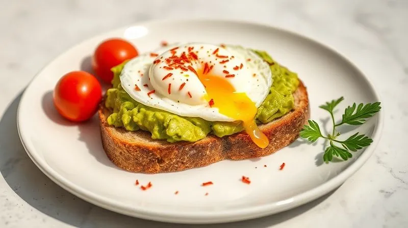A photorealistic shot of a healthy breakfast plate featuring a slice of homemade gluten-free, low GI bread topped with mashed avocado, a poached egg, and a sprinkle of chili flakes. Fresh cherry tomatoes and rocket leaves are on the side. Bright, natural lighting, professional photography, 8K, cinematic lighting, sharp focus, depth of field, shot on a high-end DSLR.