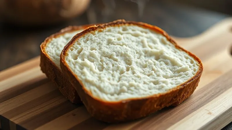 photorealistic, professional photography, 8K, cinematic lighting, sharp focus, depth of field, shot on a high-end DSLR, close-up of a perfectly moist slice of low-carb coconut bread, showing its soft, airy texture, with steam subtly rising from the cut surface, on a minimalist wooden cutting board.