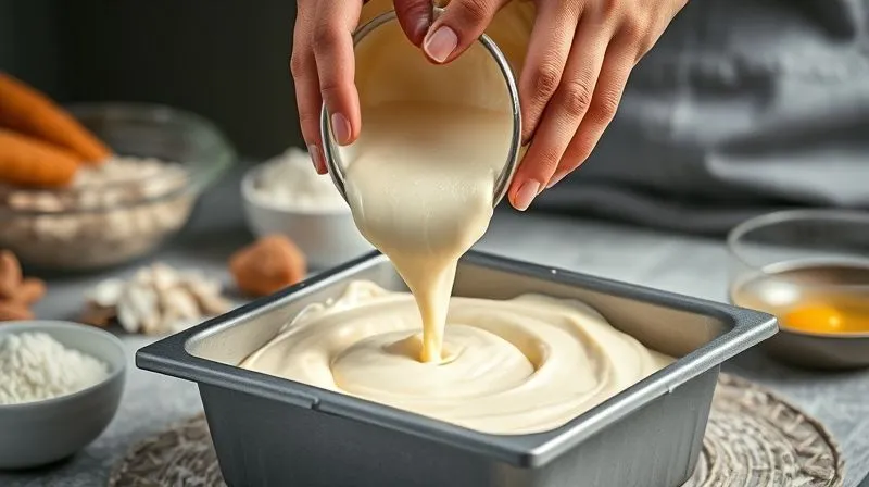 photorealistic, professional photography, 8K, cinematic lighting, sharp focus, depth of field, shot on a high-end DSLR, a baking scene showing hands gently pouring thick, creamy coconut bread batter into a prepared loaf pan, with a bowl of dry ingredients and a bowl of wet ingredients in the soft-focused background, emphasizing the preparation process.
