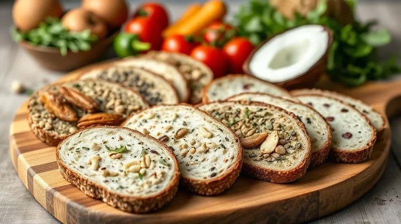 photorealistic, professional photography, 8K, cinematic lighting, sharp focus, depth of field, shot on a high-end DSLR, a beautifully arranged selection of diverse low-carb coconut bread slices on a wooden board: some with herbs, some with nuts, some with seeds, showcasing variety and customization options, with a healthy spread and fresh vegetables in the background.