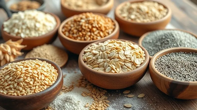 Close-up photorealistic image of various healthy grains and flours (whole wheat, rye, oat, sunflower seeds, flax seeds, chia seeds) artfully arranged in small wooden bowls on a rustic kitchen table, bathed in soft, natural light, sharp focus, depth of field, 8K, shot on a high-end DSLR.