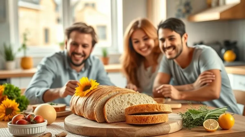 Photorealistic image of a happy family sharing slices of homemade, healthy sunflower bread at a brightly lit kitchen table, smiling and looking content. The bread is prominently featured, surrounded by fresh ingredients. Cinematic lighting, sharp focus, depth of field, 8K, shot on a high-end DSLR.