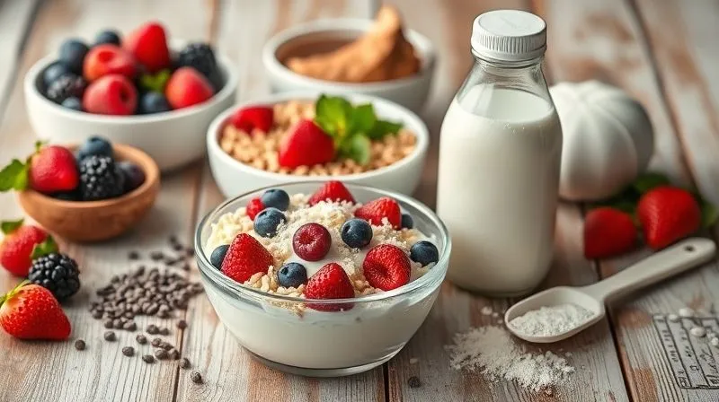 photorealistic, professional photography, 8K, cinematic lighting, sharp focus, depth of field, shot on a high-end DSLR. A vibrant, colorful display of healthy dessert ingredients: fresh berries, chia seeds, a bowl of unsweetened coconut flakes, a bottle of light coconut milk, and a scoop of vanilla protein powder, all arranged on a rustic wooden table with soft, natural light.