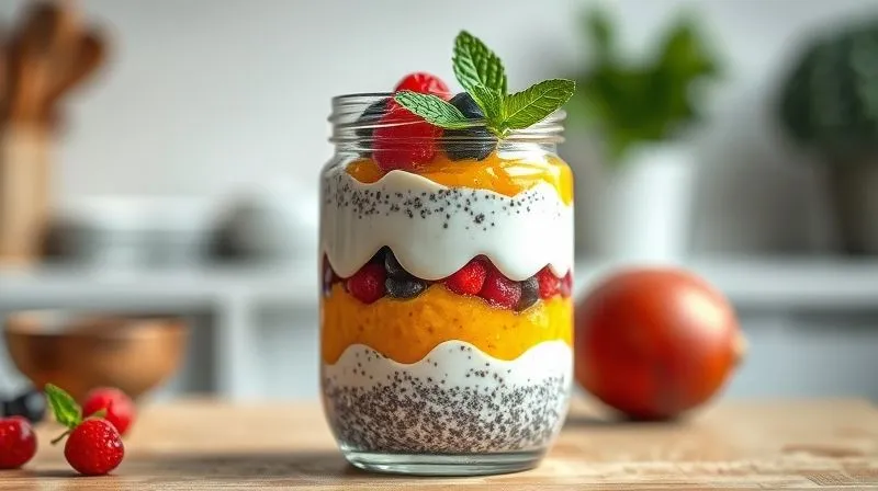 photorealistic, professional photography, 8K, cinematic lighting, sharp focus, depth of field, shot on a high-end DSLR. A beautifully layered coconut chia pudding in a clear glass jar, with distinct layers of white coconut pudding, vibrant red berry compote, and yellow mango puree, garnished with fresh mint and a few whole berries. The background is a soft, out-of-focus kitchen setting.