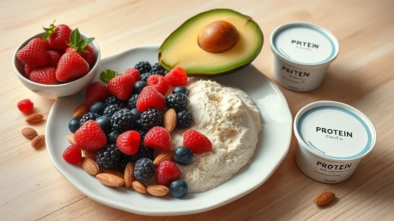 Photorealistic, professional photography of a balanced plate of protein-rich ingredients for a dessert: a scoop of high-quality whey protein powder, a bowl of fresh berries, a handful of almonds, a ripe avocado, and a small container of Greek yogurt, arranged artfully on a light wooden table. Soft, natural lighting, sharp focus, depth of field. 8K hyper-detailed.