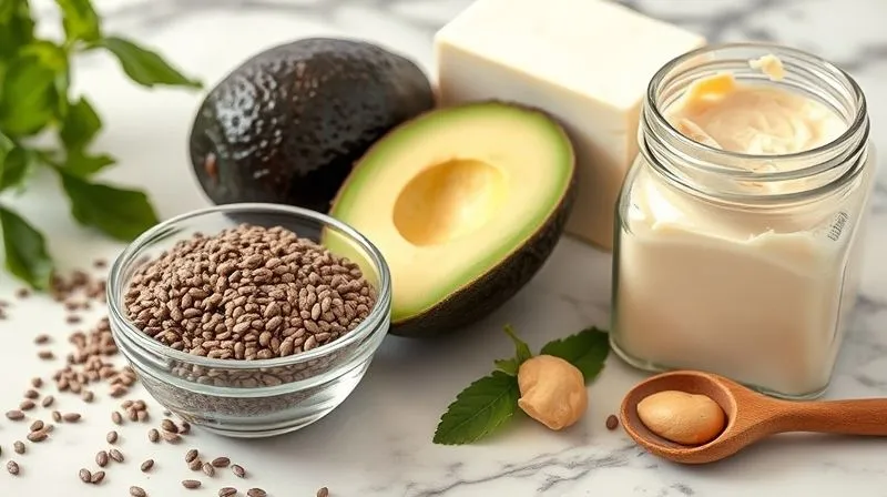 Photorealistic, professional photography of various natural thickening agents for desserts: a small bowl of chia seeds, a perfectly ripe, sliced avocado, a block of creamy cottage cheese, and a clear glass jar of natural peanut butter, arranged on a marble countertop with soft, diffused lighting. Sharp focus on the textures, depth of field. 8K hyper-detailed.