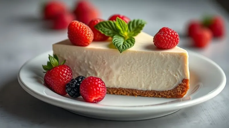 Photorealistic, professional photography of a perfectly portioned, creamy no-bake protein cheesecake slice on a white ceramic plate, garnished with fresh berries and a mint leaf. The texture is smooth and rich, with a visible nutty crust. Soft, ambient lighting, sharp focus on the cheesecake, depth of field blurring the background. 8K hyper-detailed.