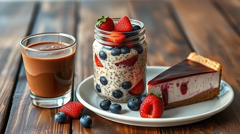 Photorealistic, professional photography of three distinct, beautifully presented protein desserts: a rich chocolate protein mousse in a glass, a vibrant berry protein overnight oats in a jar, and a slice of no-bake protein cheesecake on a plate, all arranged on a rustic wooden table with soft, natural light. Each dessert looks delicious and inviting. 8K hyper-detailed, shot on a high-end DSLR.