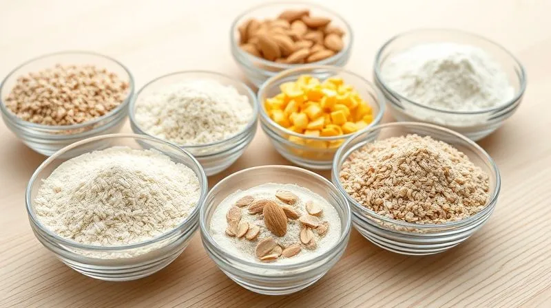 A close-up, photorealistic image of various gluten-free flours (rice, corn, buckwheat, almond, coconut) in small, elegant glass bowls, arranged on a light wooden surface. Each bowl has a small label indicating the flour type. Soft, natural light illuminates the scene, highlighting the textures and colors of the flours. Sharp focus on the flours, depth of field blurring the background. 8K, professional photography, shot on a high-end DSLR.