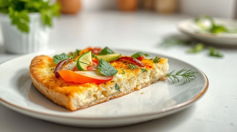 A beautifully plated slice of gluten-free cauliflower crust pizza, rich with colorful vegetables and fresh herbs, on a minimalist ceramic plate. The crust texture is clearly visible, light and slightly crispy. The background is clean and bright, suggesting a healthy, modern kitchen. Soft, diffused lighting, sharp focus on the pizza slice, depth of field subtly blurring the background. 8K, professional food photography, shot on a high-end DSLR.