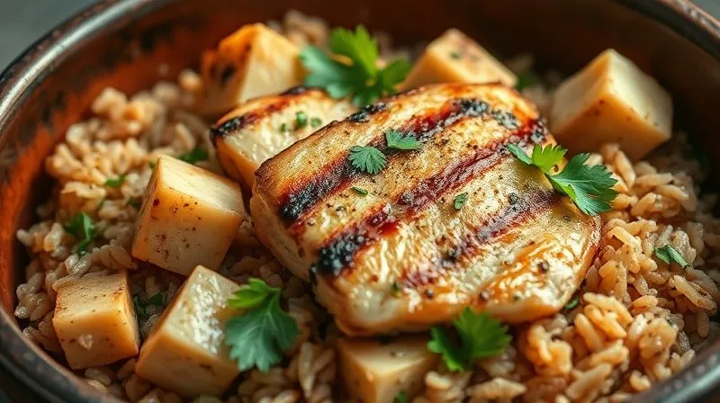 A close-up, photorealistic, professional photography, 8K, cinematic lighting, sharp focus, depth of field, shot on a high-end DSLR, of perfectly cooked brown rice grains mixed with tender grilled chicken breast cubes and fresh parsley, in a rustic ceramic bowl. The lighting highlights the texture of the rice and the glistening protein, evoking healthy and satisfying meal.