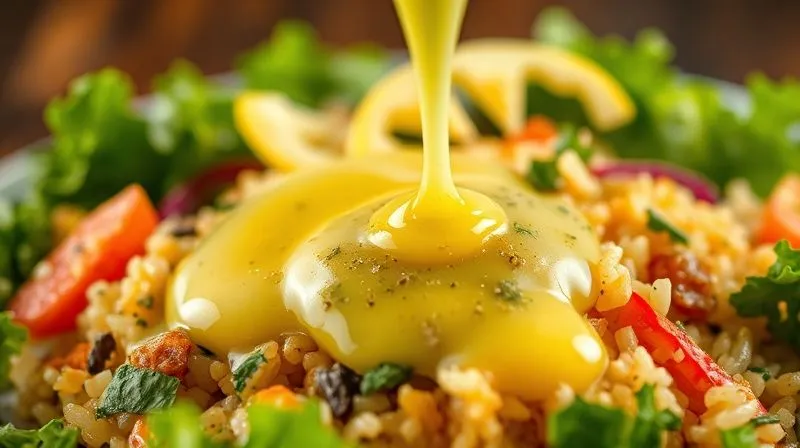 A close-up, photorealistic, professional photography, 8K, cinematic lighting, sharp focus, depth of field, shot on a high-end DSLR, of a light, creamy lemon-herb vinaigrette being drizzled over a vibrant rice salad. The dressing is in motion, creating a visually appealing cascade over the fresh ingredients, emphasizing freshness and flavor.