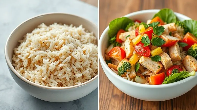 A split image, photorealistic, professional photography, 8K, cinematic lighting, sharp focus, depth of field, shot on a high-end DSLR, showing two bowls side-by-side. On the left, a bland, unappealing rice salad with pale ingredients. On the right, a vibrant, colorful, and richly textured diet rice salad, brimming with fresh vegetables, lean protein, and a glossy dressing, clearly illustrating the "before and after" transformation.
