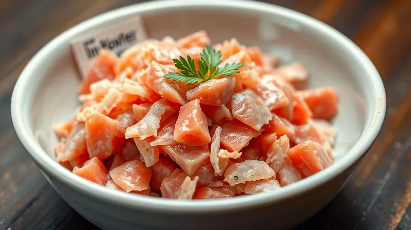 Photorealistic close-up of high-quality flaked tuna in a bowl, with a clean label indicating "in water", professional studio lighting, 8K, sharp focus on texture, depth of field.