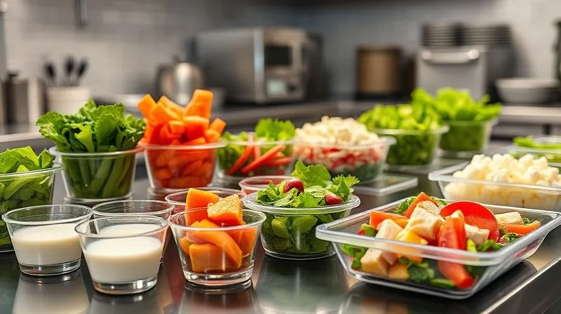 Photorealistic image of a neatly organized meal prep station in a modern kitchen, with various containers of fresh ingredients, including separate dressing cups and pre-portioned tuna salad components, cinematic lighting, 8K, sharp focus.