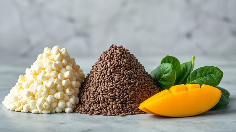 Photorealistic, professional photography, 8K, cinematic lighting, sharp focus, depth of field, shot on a high-end DSLR. A visually appealing infographic-style image of three distinct piles of ingredients: one pile of protein sources (Greek yogurt, protein powder), one pile of healthy fats (avocado, chia seeds), and one pile of fiber-rich foods (spinach, flax seeds). Each pile is neatly arranged next to a single, vibrant mango slice, symbolizing their role in balancing the mango smoothie. The background is a clean, modern kitchen counter, emphasizing health and precision.