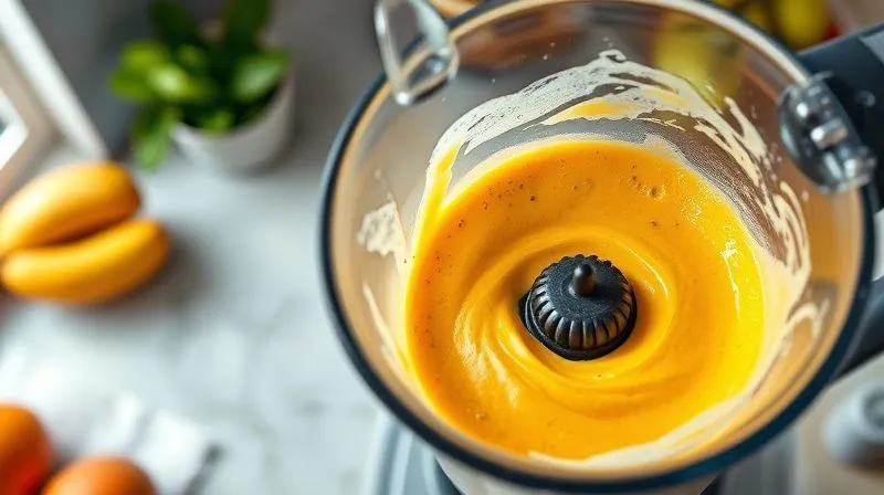 Photorealistic, professional photography, 8K, cinematic lighting, sharp focus, depth of field, shot on a high-end DSLR. A high-angle shot of a powerful blender in action, spinning a vibrant, thick mango smoothie. The liquid is swirling dynamically, showing a creamy texture. Fresh ingredients like spinach leaves and chia seeds are visible just before being fully incorporated. The scene is set in a modern, clean kitchen, with a soft, natural light source illuminating the blender.
