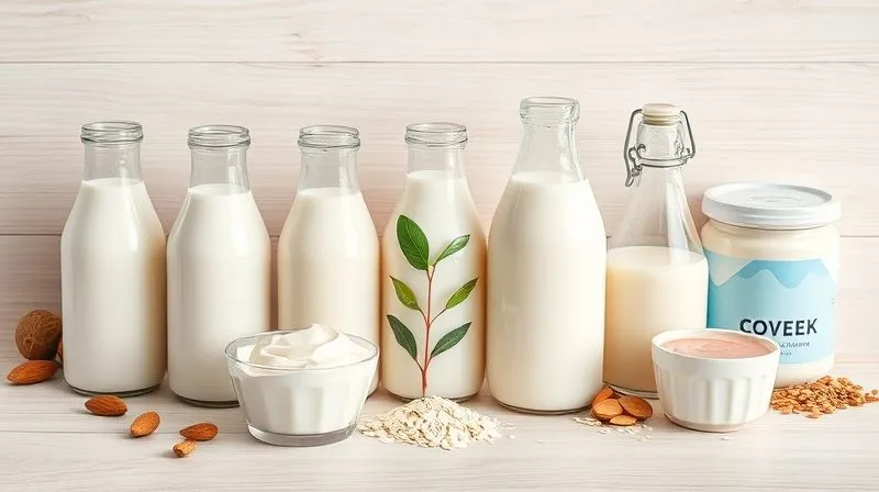 photorealistic, professional photography of various healthy milk alternatives (almond milk, oat milk, skim milk) in clear glass bottles, alongside natural yogurts and protein powders, arranged on a light wooden surface with soft, natural lighting, 8K, sharp focus.
