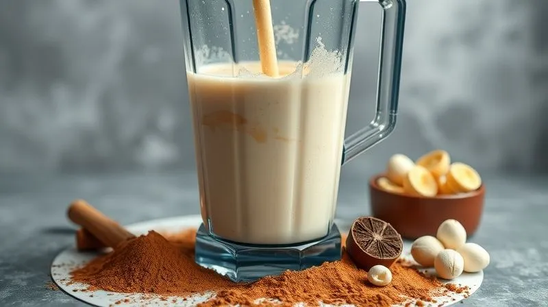 photorealistic, professional photography of a blender in action, creating a creamy healthy milkshake, with a swirl of rich texture visible, steam subtly rising, surrounded by fresh ingredients like cocoa powder, cinnamon sticks, and vanilla pods, cinematic lighting, 8K, sharp focus.