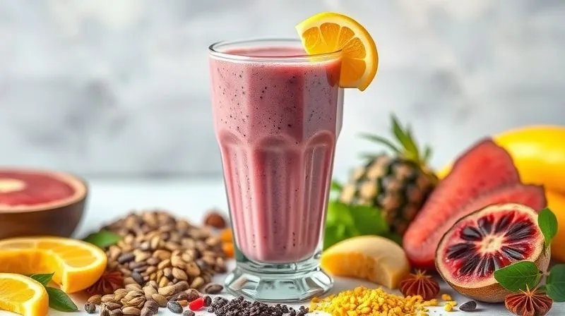 photorealistic, professional photography of a vibrant, custom-made healthy milkshake in a unique glass, surrounded by a colorful array of fresh, diverse ingredients like exotic fruits, various seeds, and colorful spices, suggesting creativity and personalization. The scene is bright and inviting, shot with a high-end DSLR, 8K, sharp focus, depth of field.