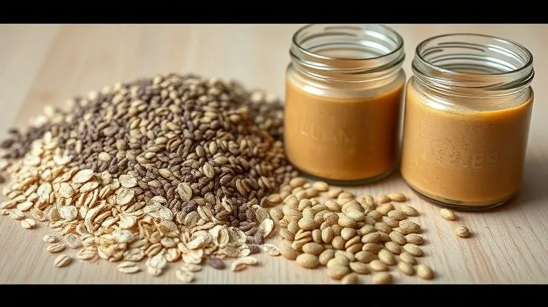 A close-up, photorealistic image of various healthy base ingredients for protein bars: rolled oats, chia seeds, flax seeds, and a jar of natural peanut butter, arranged aesthetically on a light wooden surface. Cinematic lighting, sharp focus on the textures, depth of field. 8K hyper-detailed.
