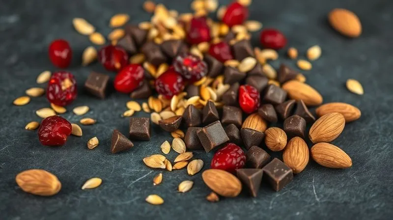 A vibrant, photorealistic image of a variety of healthy protein bar additions: colorful dried cranberries, golden flax seeds, dark chocolate chips, and whole almonds, artfully scattered on a dark slate background. Cinematic lighting, sharp focus on the details, depth of field. 8K hyper-detailed.