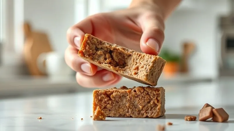 A professional, photorealistic close-up image of a hand gently breaking a homemade protein bar, showing a perfect, slightly chewy texture that doesn't crumble. The background is a clean, modern kitchen counter. Soft, natural light from a window illuminates the scene, sharp focus on the bar, depth of field. 8K hyper-detailed.