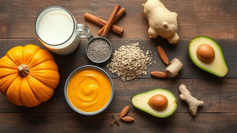 Photorealistic, professional photography, 8K, cinematic lighting, sharp focus, depth of field, shot on a high-end DSLR. A high-angle shot of various fresh ingredients for a pumpkin smoothie laid out on a rustic wooden table: cooked pumpkin puree in a small bowl, a scoop of vanilla protein powder, a small pile of chia seeds, a glass of unsweetened almond milk, cinnamon sticks, a fresh ginger root, and half an avocado. The composition is clean, organized, and highlights the natural beauty of the ingredients, suggesting a healthy and delicious preparation.