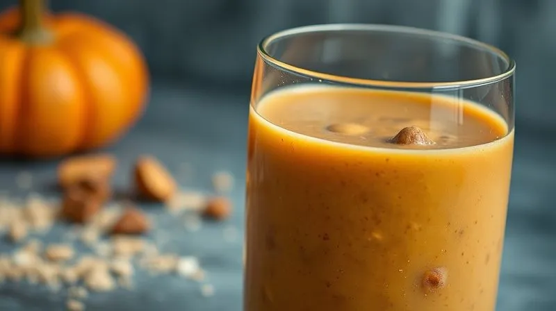 Photorealistic, professional photography, 8K, cinematic lighting, sharp focus, depth of field, shot on a high-end DSLR. A close-up shot of a pumpkin smoothie that is clearly too thick or clumpy, with some ingredients visibly separated, indicating a poorly blended or unbalanced mixture. The surface shows unmixed chunks of fruit or protein powder. The lighting is slightly muted, emphasizing the 'mistake' aspect, with a focused depth of field on the problematic texture of the smoothie.